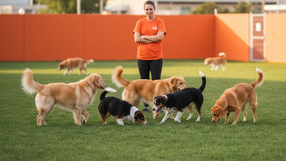 Cães de porte médio brincando tranquilamente em um amplo gramado de creche, com cuidadora observando
