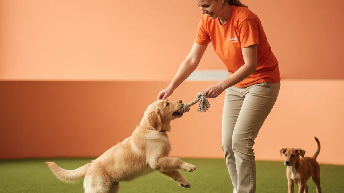 Filhote brincando com cuidadora em ambiente seguro de hotel para cães
