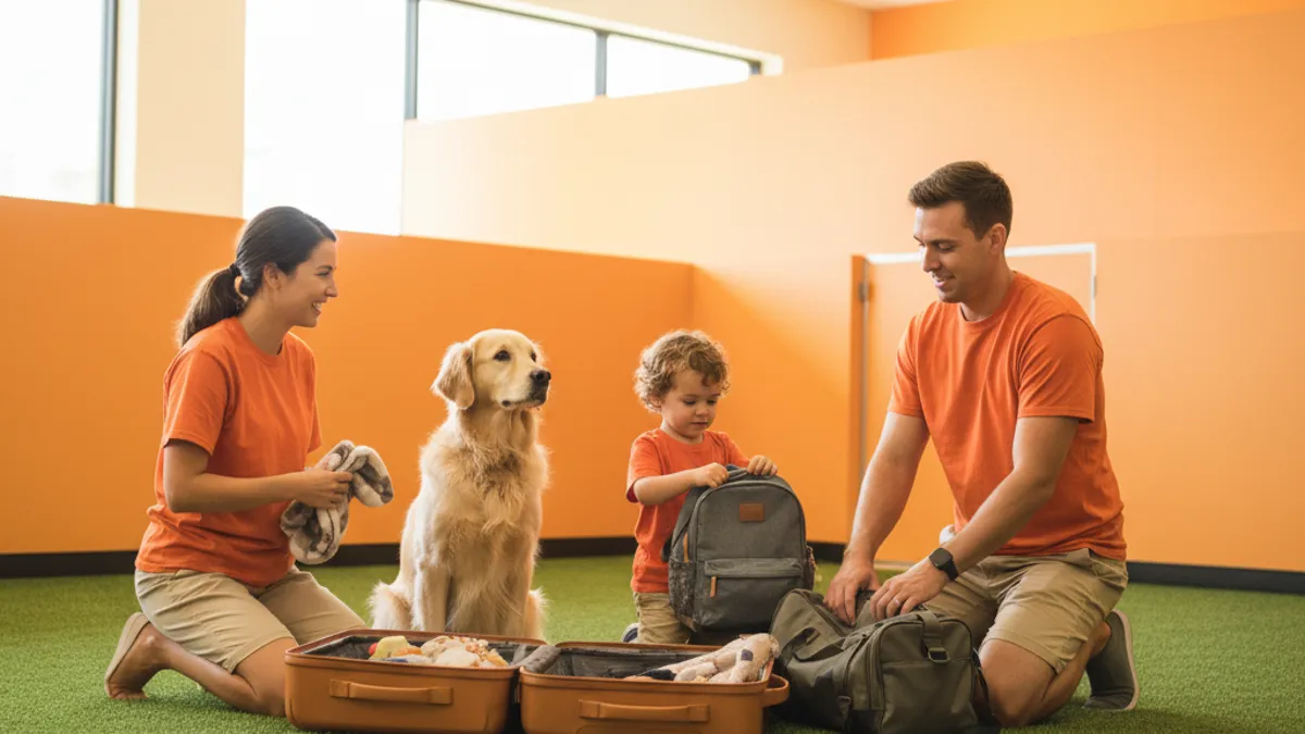 Família arrumando malas enquanto o cachorro observa ao lado