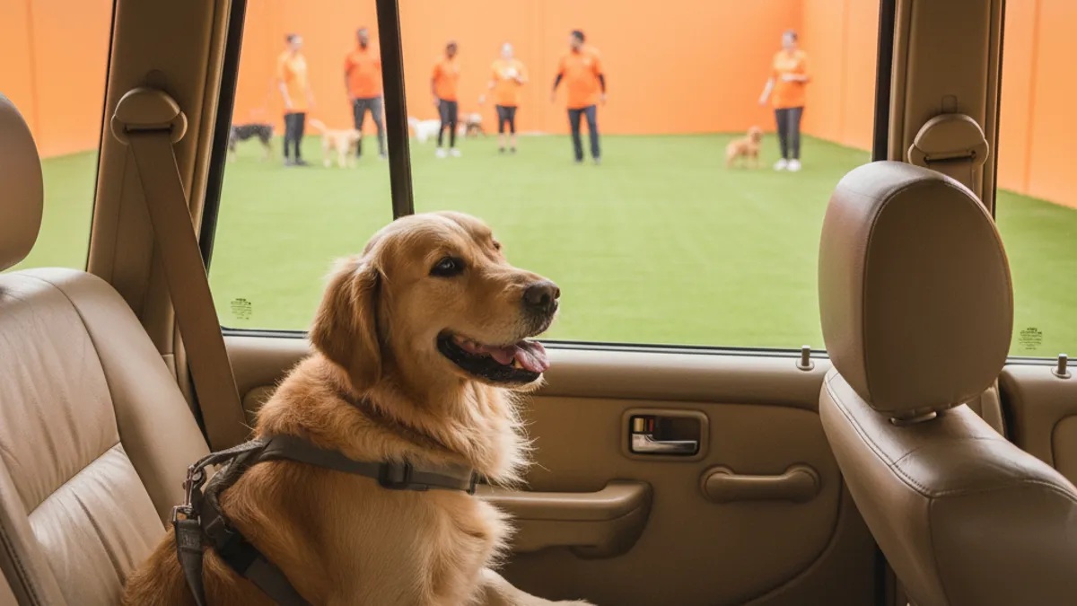 Carro com cachorro no banco traseiro com cinto de segurança a caminho da creche