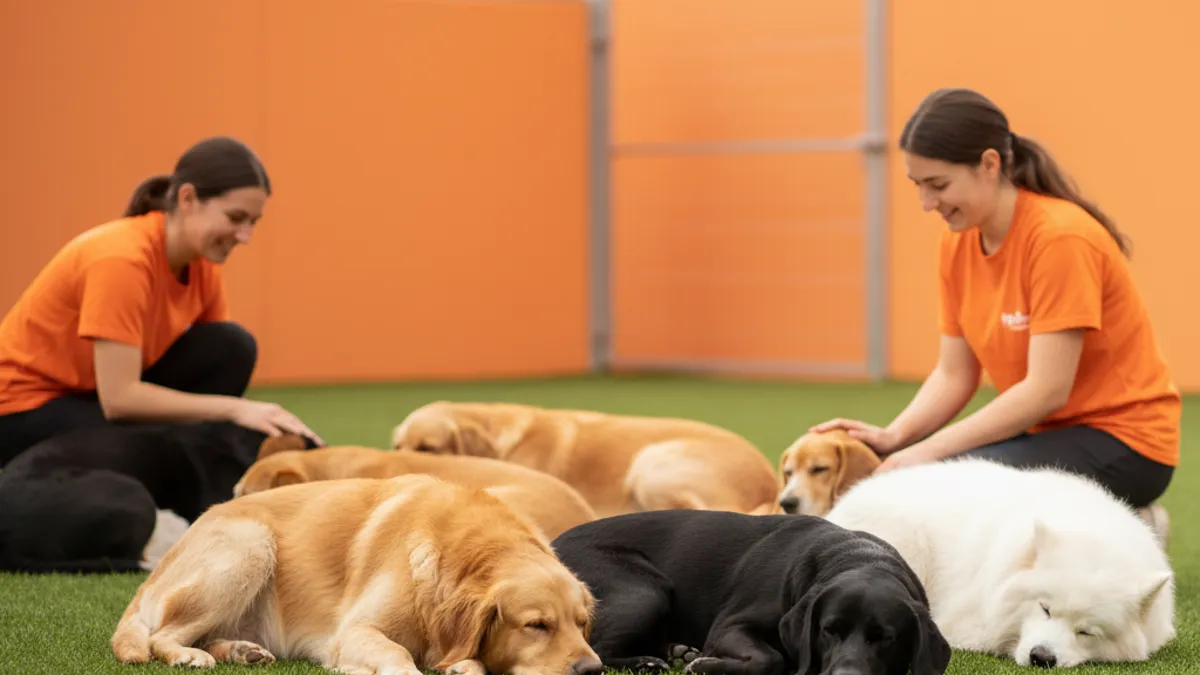 Grupo de cães saudáveis descansando juntos em um ambiente limpo
