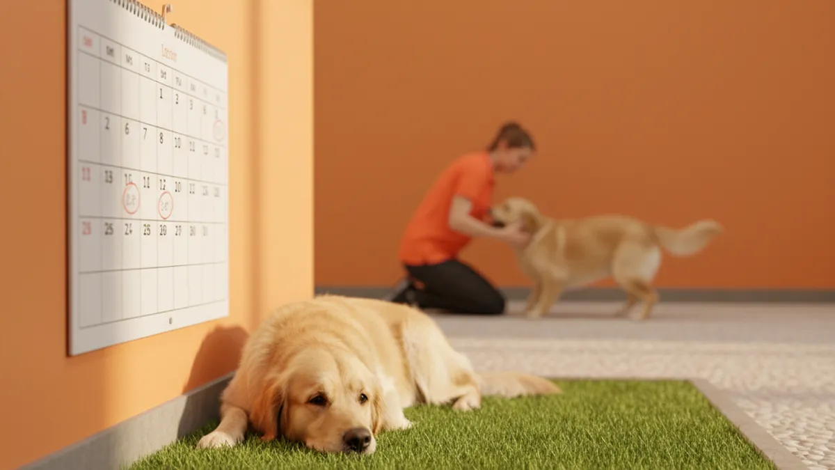 Calendário de parede com dias marcados e um cachorro ao lado