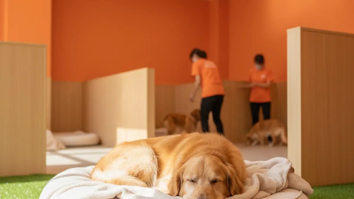 Cachorro tranquilo deitado em uma acomodação confortável de hotel para cães