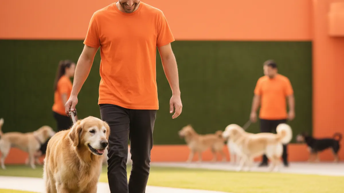 Cachorro idoso caminhando devagar ao lado do tutor em um parque