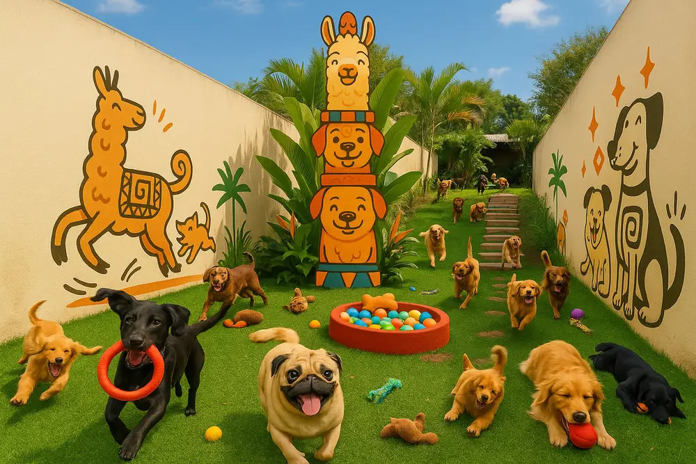 Cães brincando no pátio temático da creche Incas